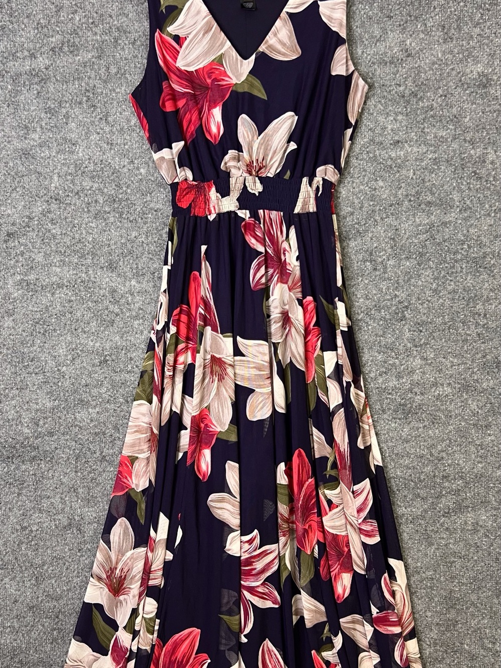 Sleeveless Floral Maxi Dress in Navy with Pink & Red Blooms